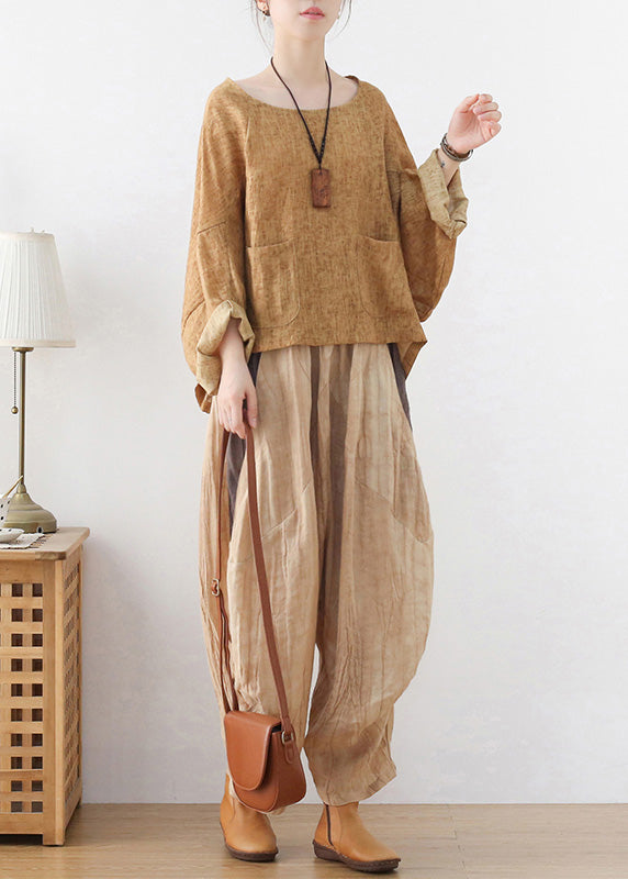 Khaki Linen Loose Pullover Sweatshirt Batwing Sleeve