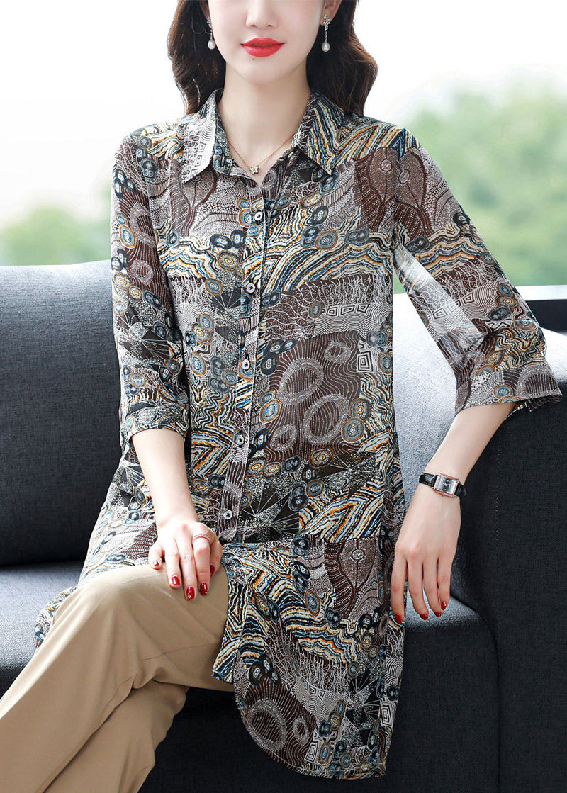 Button Peter Pan Collar Print Chiffon Blouse Tops Three Quarter Sleeve