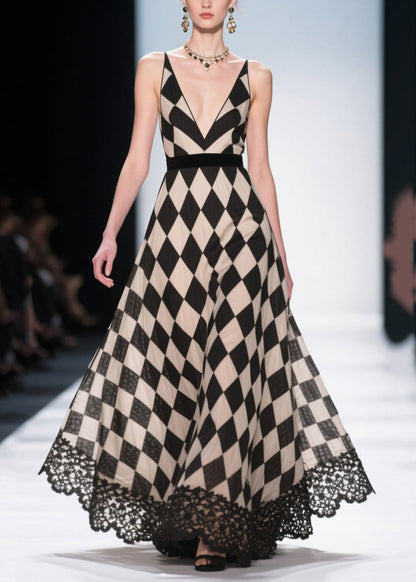 Style Black Plaid Patchwork Lace Chiffon Evening Dress Summer
