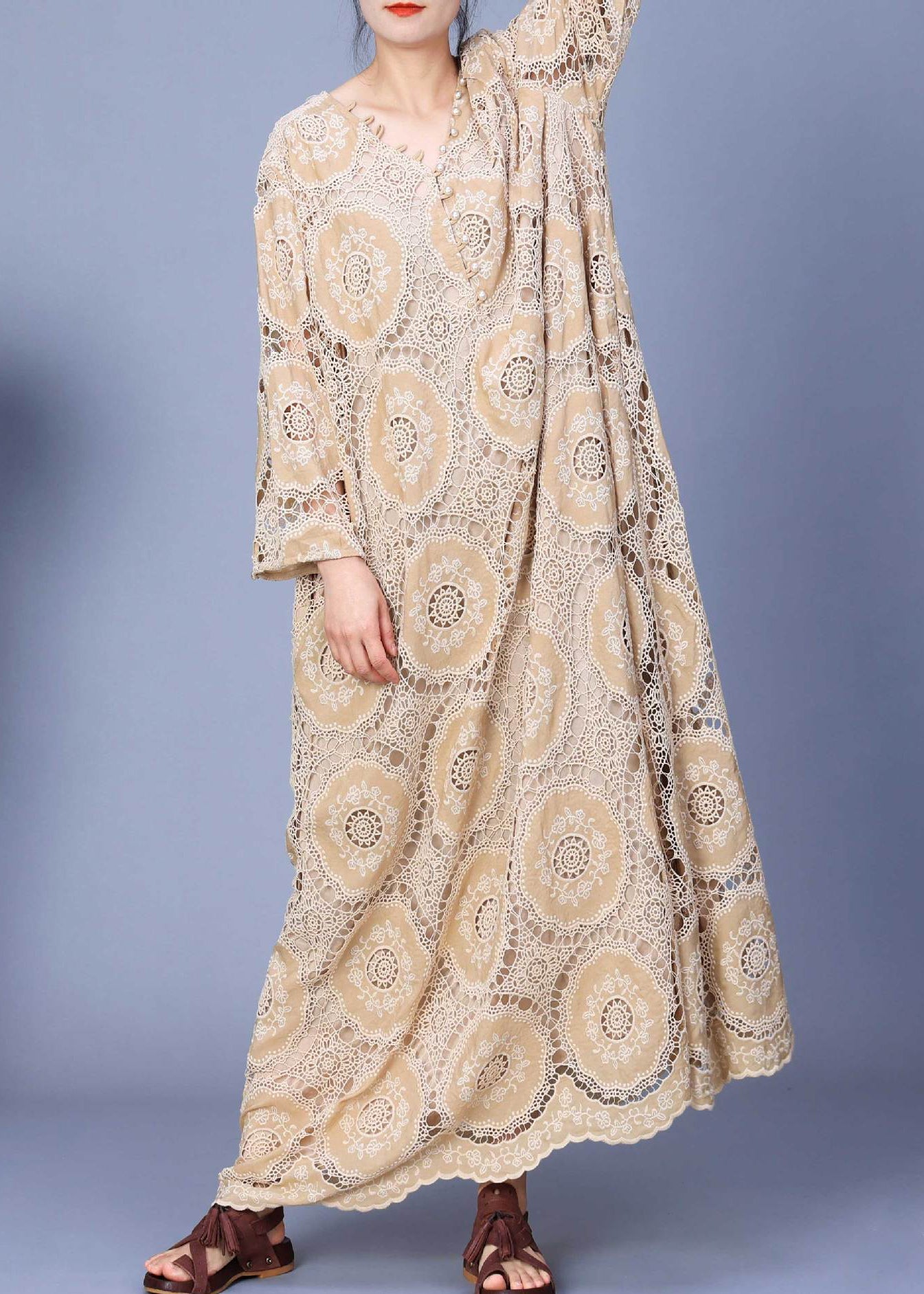 Apricot Hollow Out Lace Patchwork Cotton Long Dress Spring