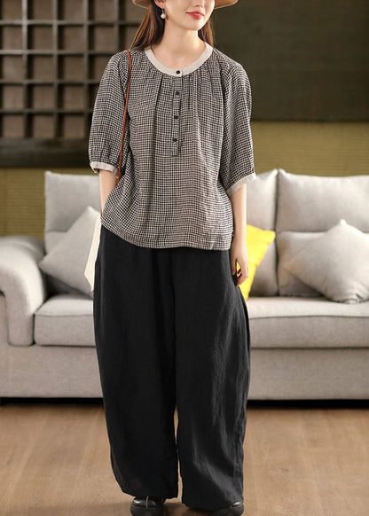 Brown Plaid Linen Top Oversized Half Sleeve Fall