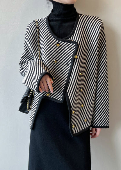 Italian Asymmetrical Striped Double Breast Cotton Coats Fall