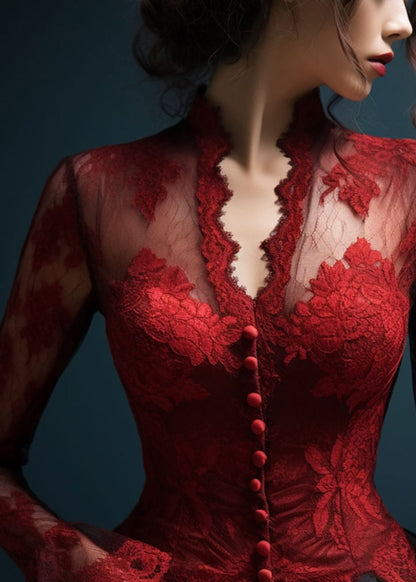 Slim Fit Red V Neck Hollow Out Lace Top Flare Sleeve Spring
