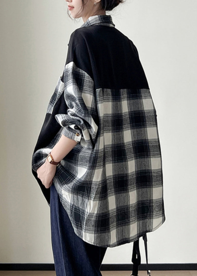 Black Plaid Button Patchwork Cotton Shirts Fall