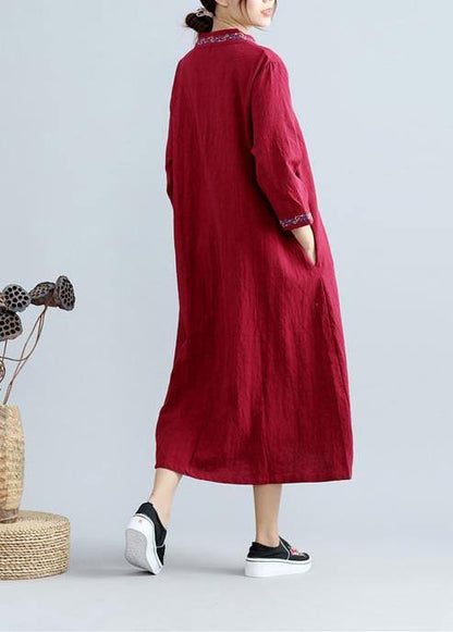 Diy V Neck Spring Outfit Work Burgundy Embroidery Robes Dress