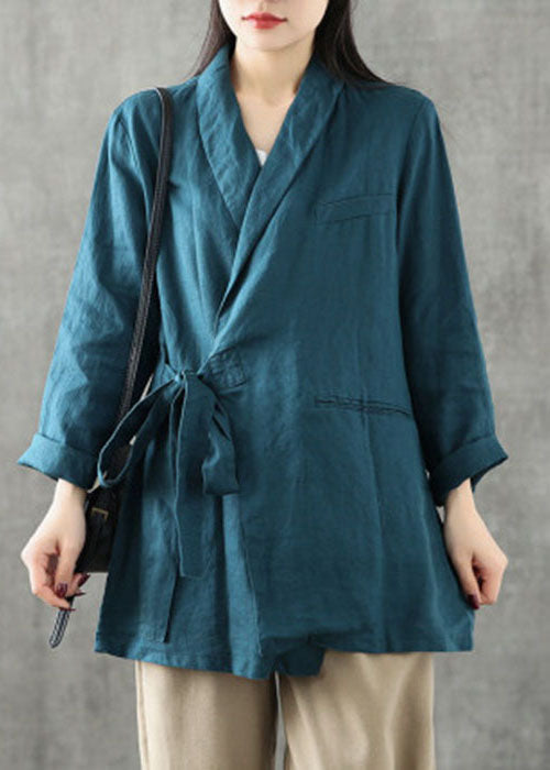 Blue Green Peter Pan Collar Tie Waist Linen Coats Long Sleeve