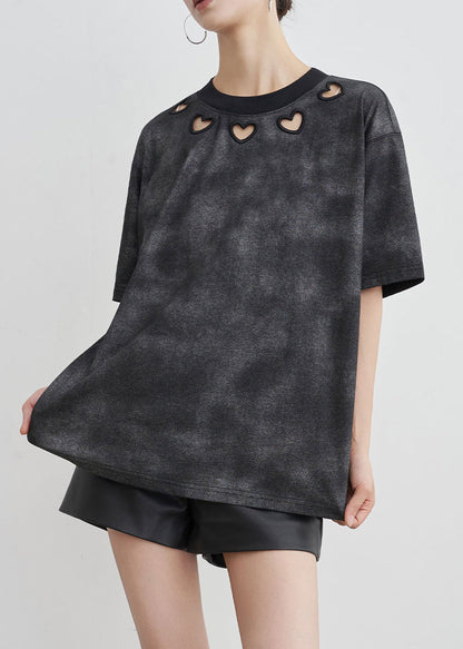 Black O Neck Hollow Out Cotton T Shirt Summer