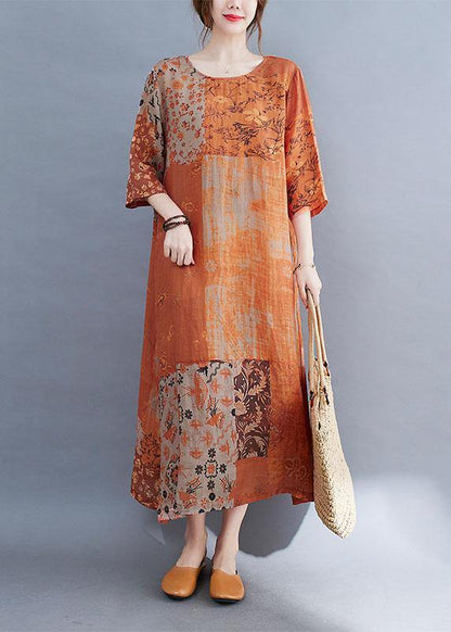 Purple Block Loose O-neck Print Summer Side Open Dress Half Sleeve