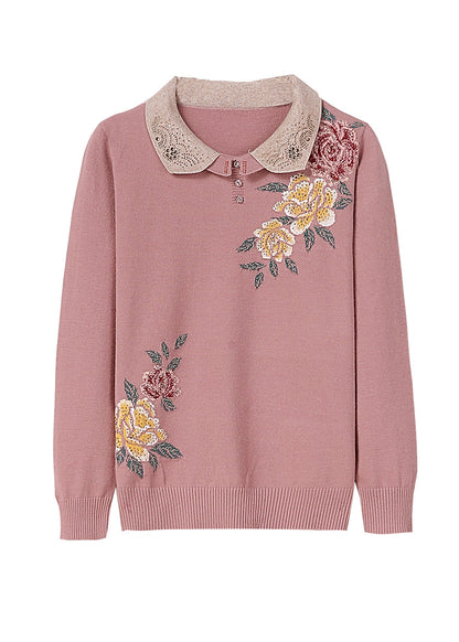 Boutique Pink Peter Pan Collar Zircon Knit Sweaters Spring
