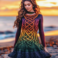 Women's Irish Rainbow Pattern Jacquard Comfortable Round Neck Swing Dress artswardrobe