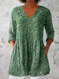 Women's Elegant Floral Pattern Round Neck Cotton and Linen Top