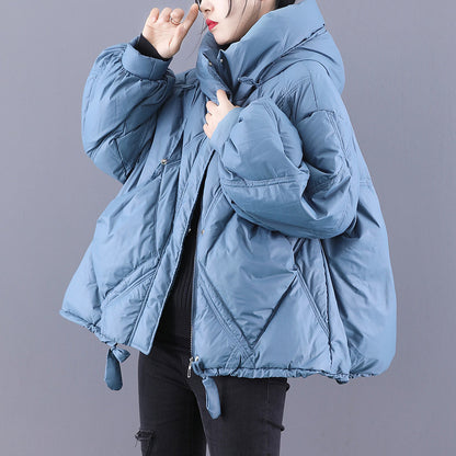 Black Hooded Loose Zippered Warm Winter Duck Down Jacket
