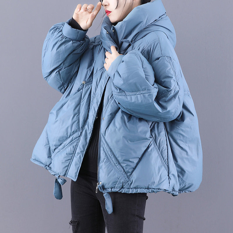 Black Hooded Loose Zippered Warm Winter Duck Down Jacket