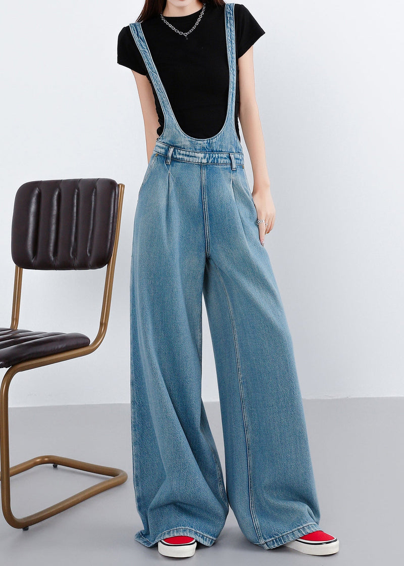 Blue Pockets Patchwork Denim Wide Leg Jumpsuit Fall