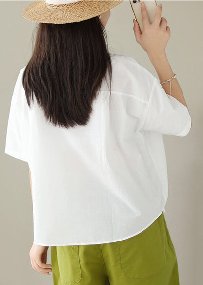 White Double Breast Drawstring Cotton Shirt Tops Summer