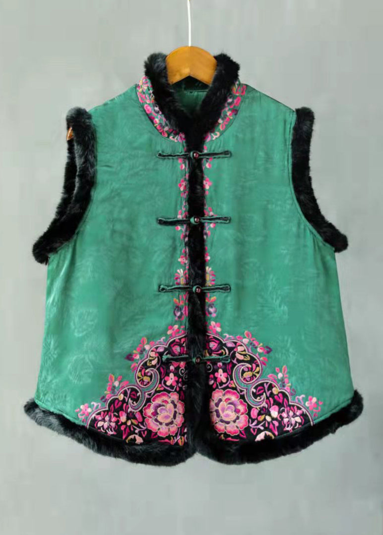Chinese Style Green Rabbit Hair Collar Embroideried Thick Cotton Waistcoat Sleeveless