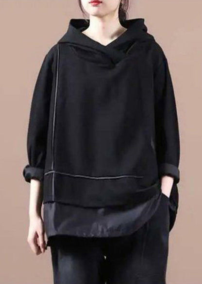 Black Striped Hooded Patchwork Warm Fleece Pullover Sweatshirt Winter