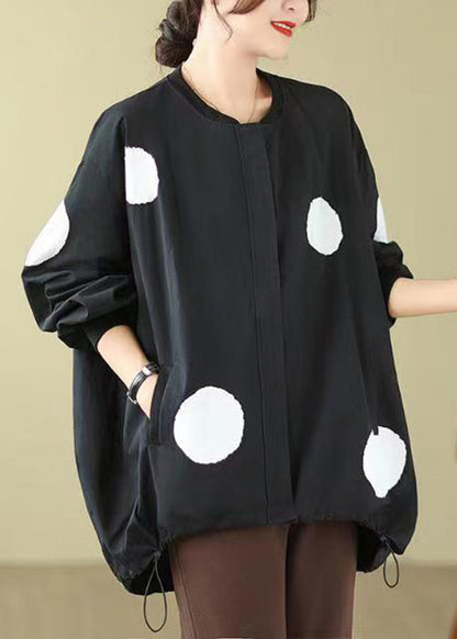 Black Dot Zip Up Drawstring Cotton Coat Long Sleeve