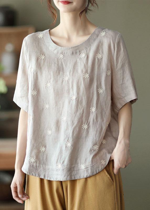 Unique White O-neck Embroideried Summer Ramie Shirt Half Sleeve