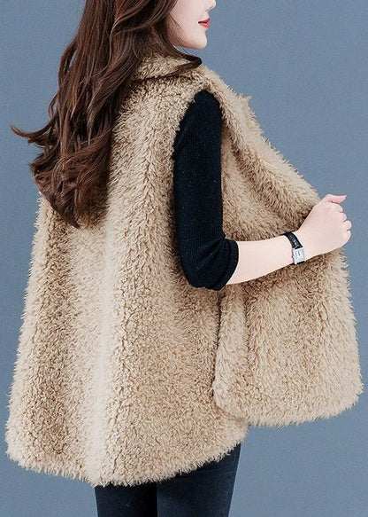 Beige Button Pockets Teddy Faux Fur Waistcoat Sleeveless