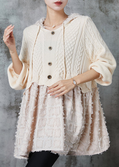 Beige Hooded Patchwork Knit Dress Spring