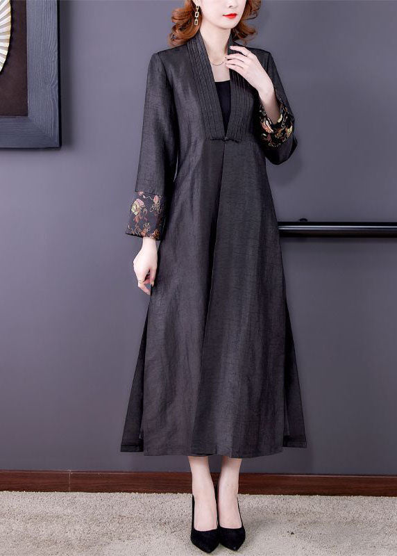 Black V Neck Patchwork Side Open Silk Trench Coats Fall