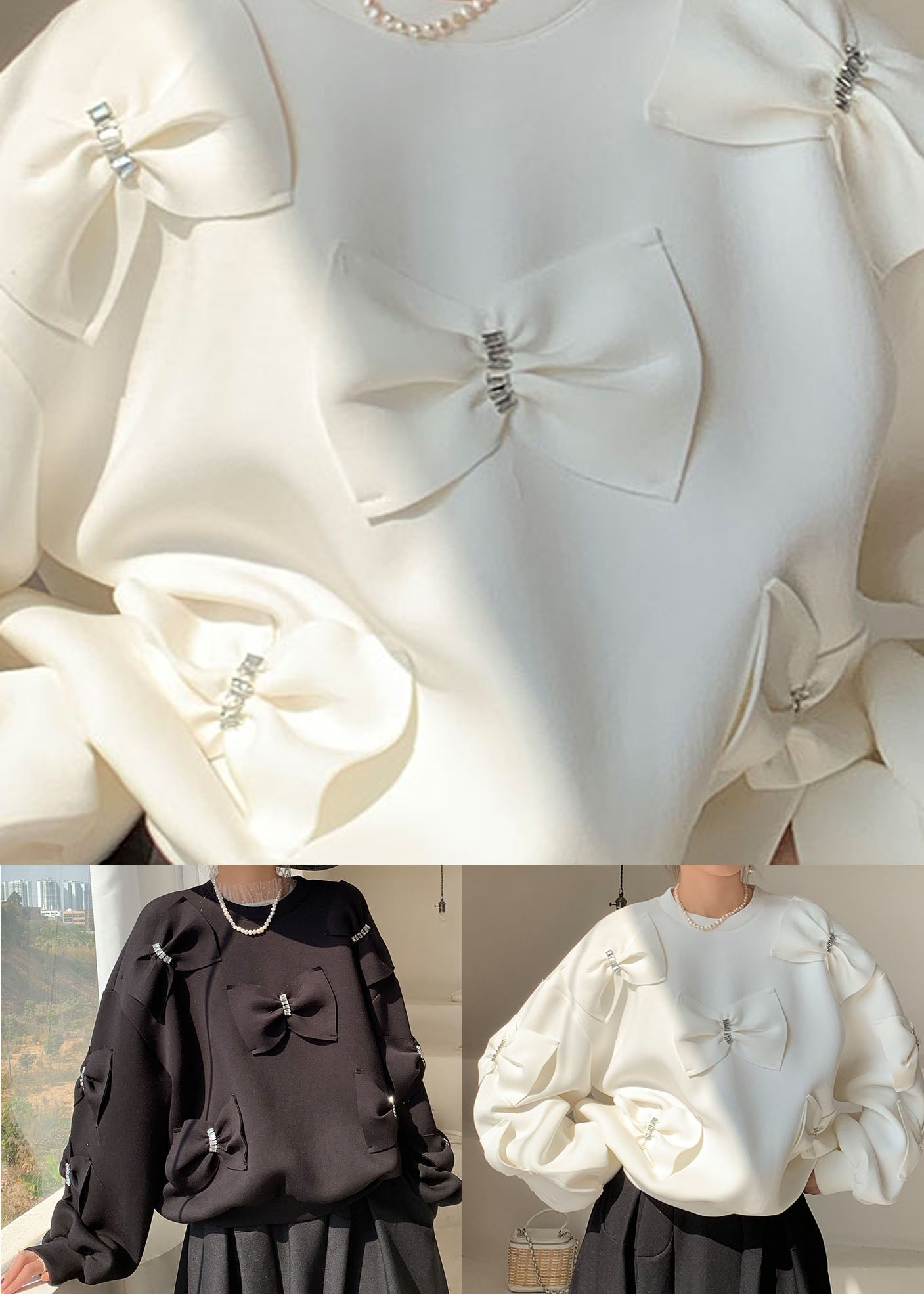 Black Bow Cotton Sweatshirts Top Spring