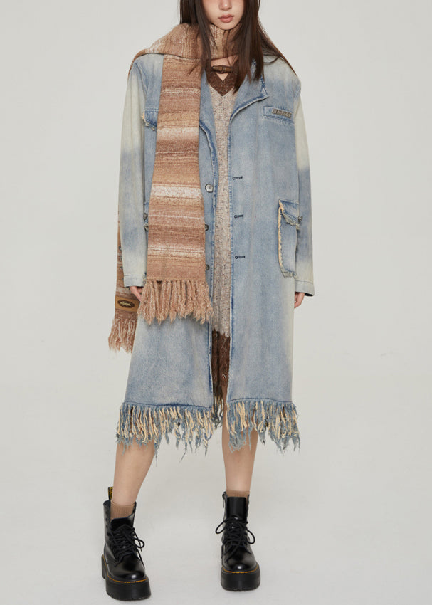 Blue Tasseled Pockets Patchwork Denim Long Coats Fall