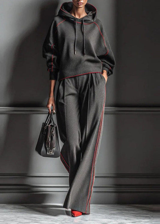 Dark Gray Hooded Striped Sweatshirts and Pants Cotton Two Pieces Set Spring