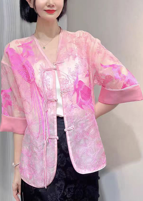 White Embroidered Button Silk Blouse Summer