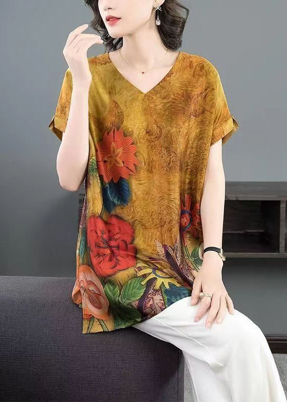 Yellow Print Side Open Patchwork Silk T Shirt Short Sleeve