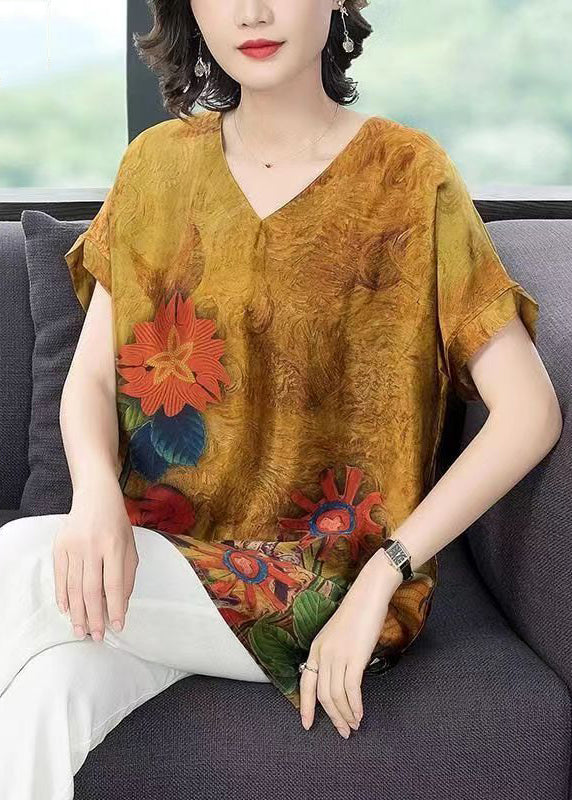 Yellow Print Side Open Patchwork Silk T Shirt Short Sleeve