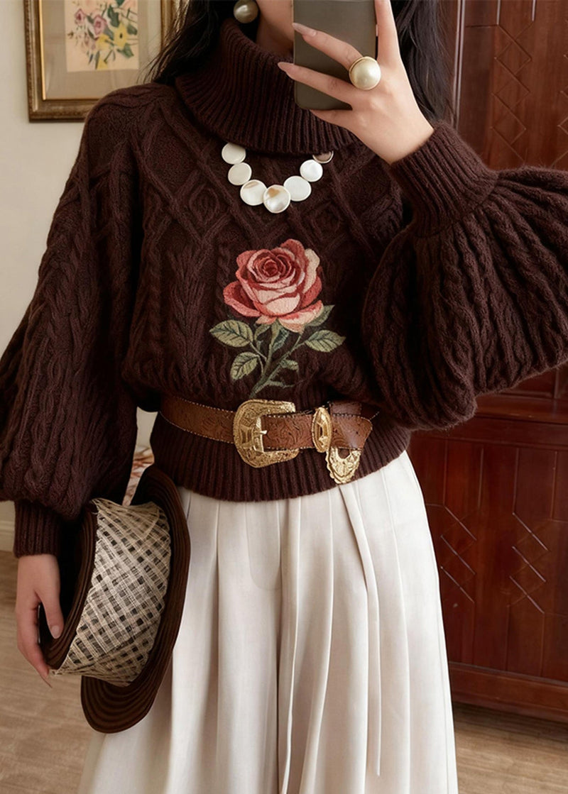 Chocolate Turtleneck Rose Knitted Cotton Sweater Winter