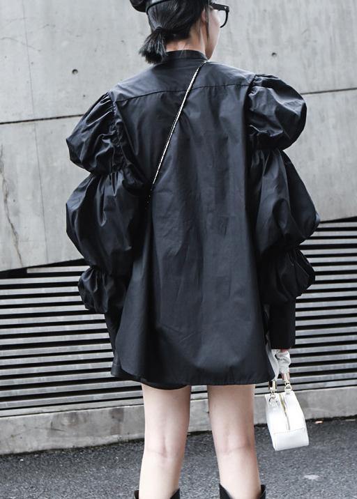 Fine Black Puff Sleeve Button Cotton Shirt