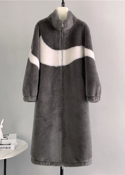 Black Stand Collar Zip Up Pockets Wool Coat Winter
