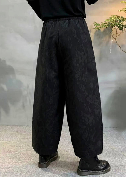 Black Oversized Jacquard Fine Cotton Filled Harem Pants Winter