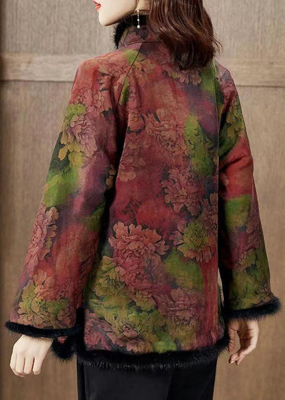 Red Print Pockets Mink Hair Patchwork Fine Cotton Filled Coats Winter