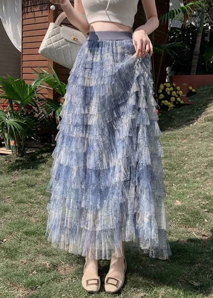 Gradient Color Blue Tie Dye Tulle Maxi Cake Skirt Summer
