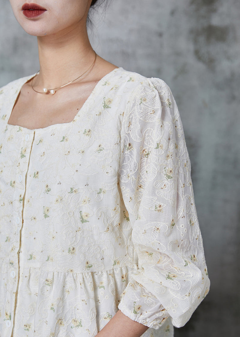 White Square Collar Embroidered Cotton Tops Spring