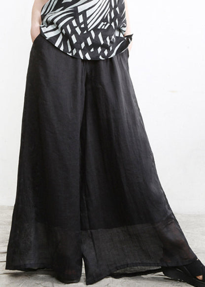 Modern Black Pockets Embroideried Elastic Waist Linen Wide Leg Pants Summer