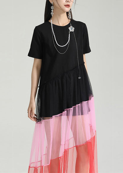 Colorblock O Neck Wrinkled Patchwork Tulle Dresses Summer
