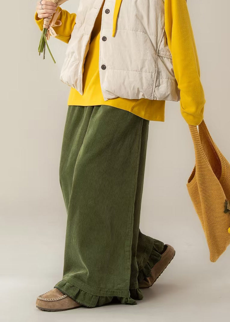 Tea Green Oversized Ruffled Corduroy Wide Leg Pants Spring