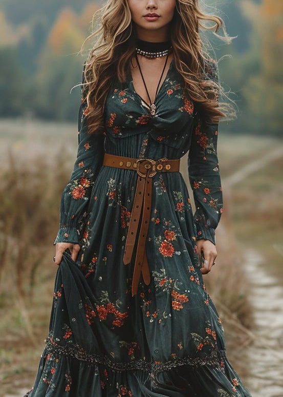 Green V Neck Print Patchwork Cotton Maxi Dresses Spring