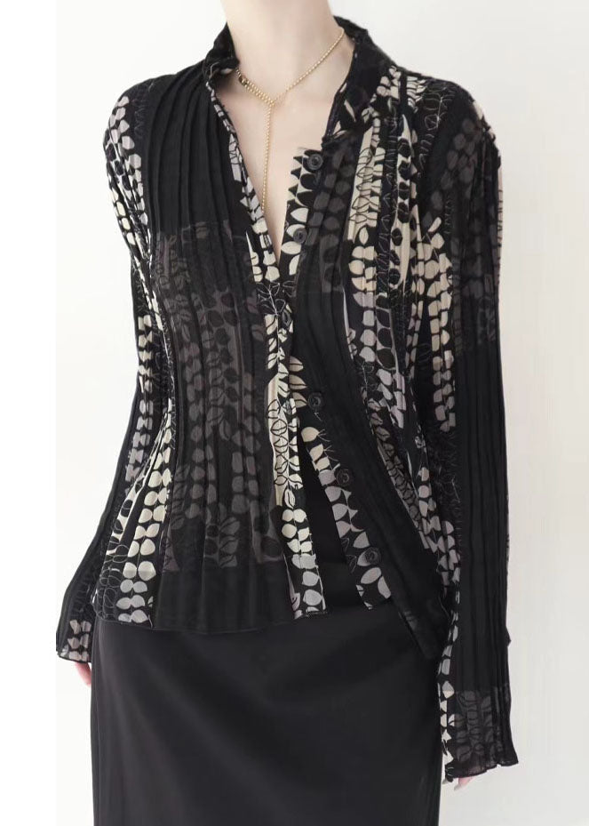 Black Wrinkled Patchwork Tulle Blouse Tops Fall