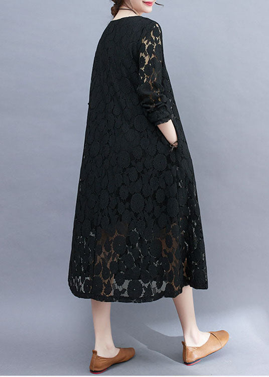 Black Hollow Out Lace a Line Dress O-neck Summer