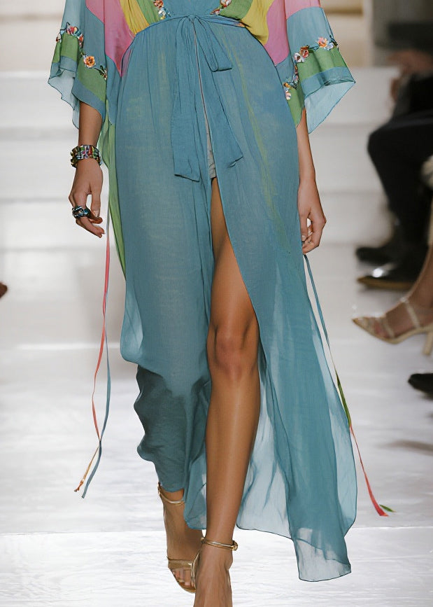 Blue Print Side Open Chiffon Long Dress Summer