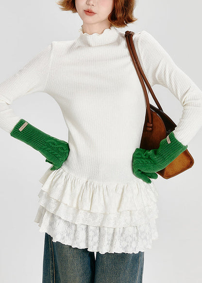 White Hign Neck Ruffled Patchwork Cotton Top Spring