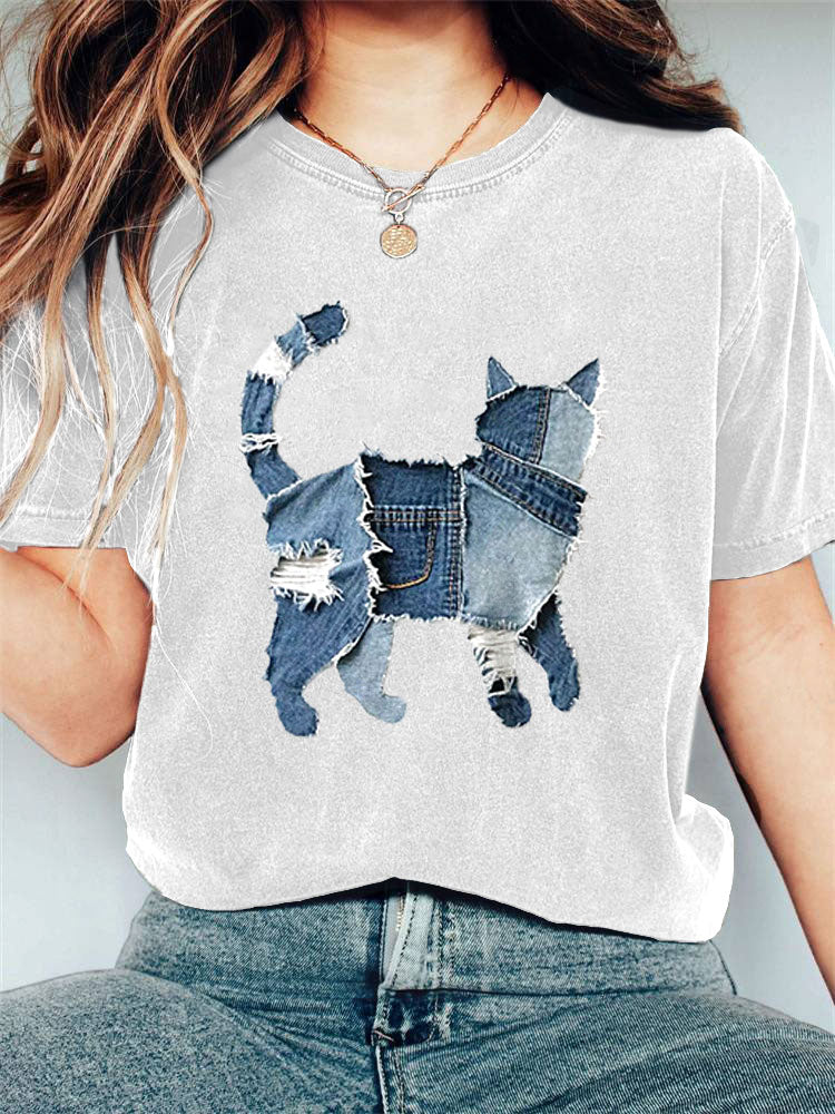 Women's Casual Funny Denim Cat Print T-shirt elevenforest