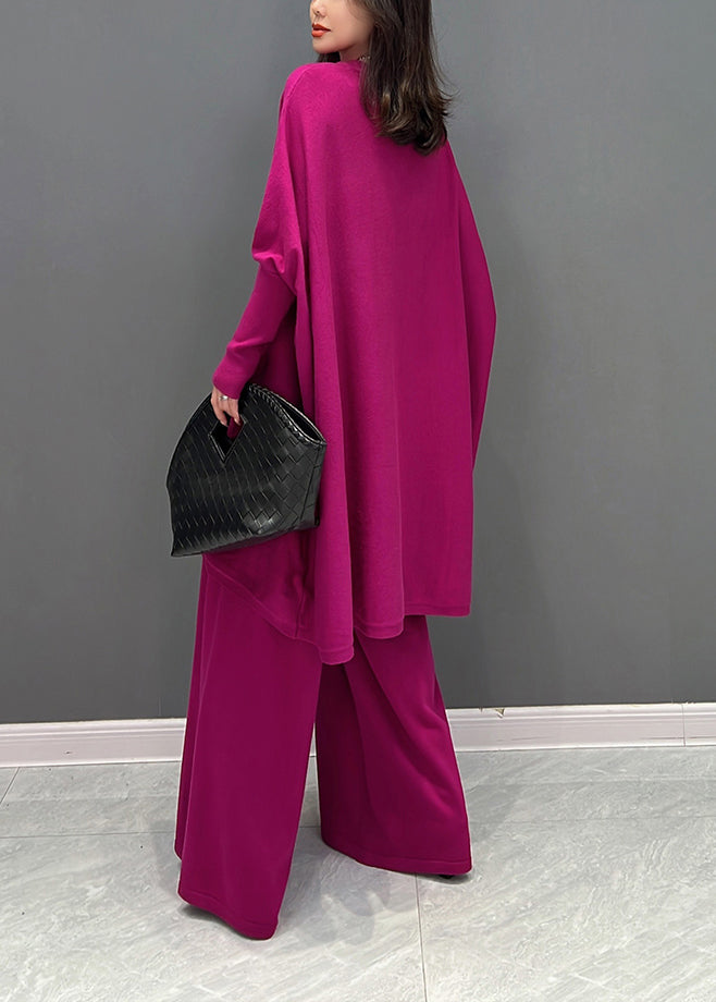 Rose V Neck Knit Top and Wide Leg Pants Two Pieces Set Fall