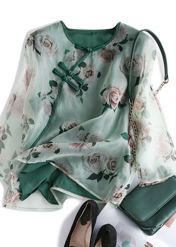 Green Print Chinese Button Patchwork Tulle T Shirt Summer